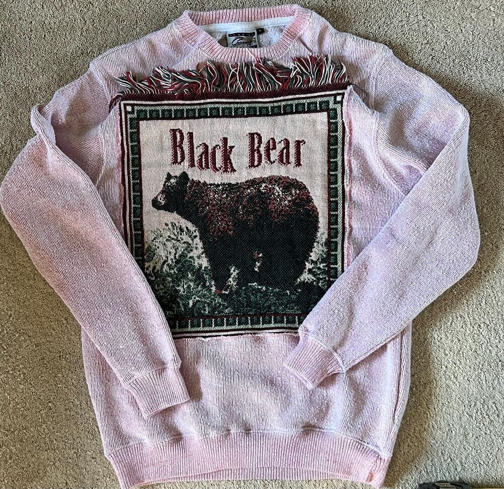 Black Bear tapestry crewneck, Sweatshirt with fringe, upcycled, crewneck, LG